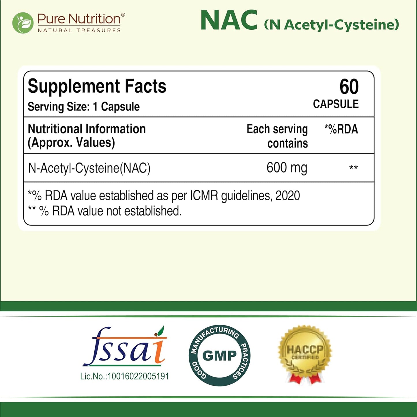 Pure Nutrition NAC (N-Acetyl L-Cysteine) Capsules - 600mg for Immunity, Lung & Respiratory Health | Enhances Liver Detox, Reduces Oxidative Stress, Boosts Cellular Health for Men & Women - 60 Veg Capsules