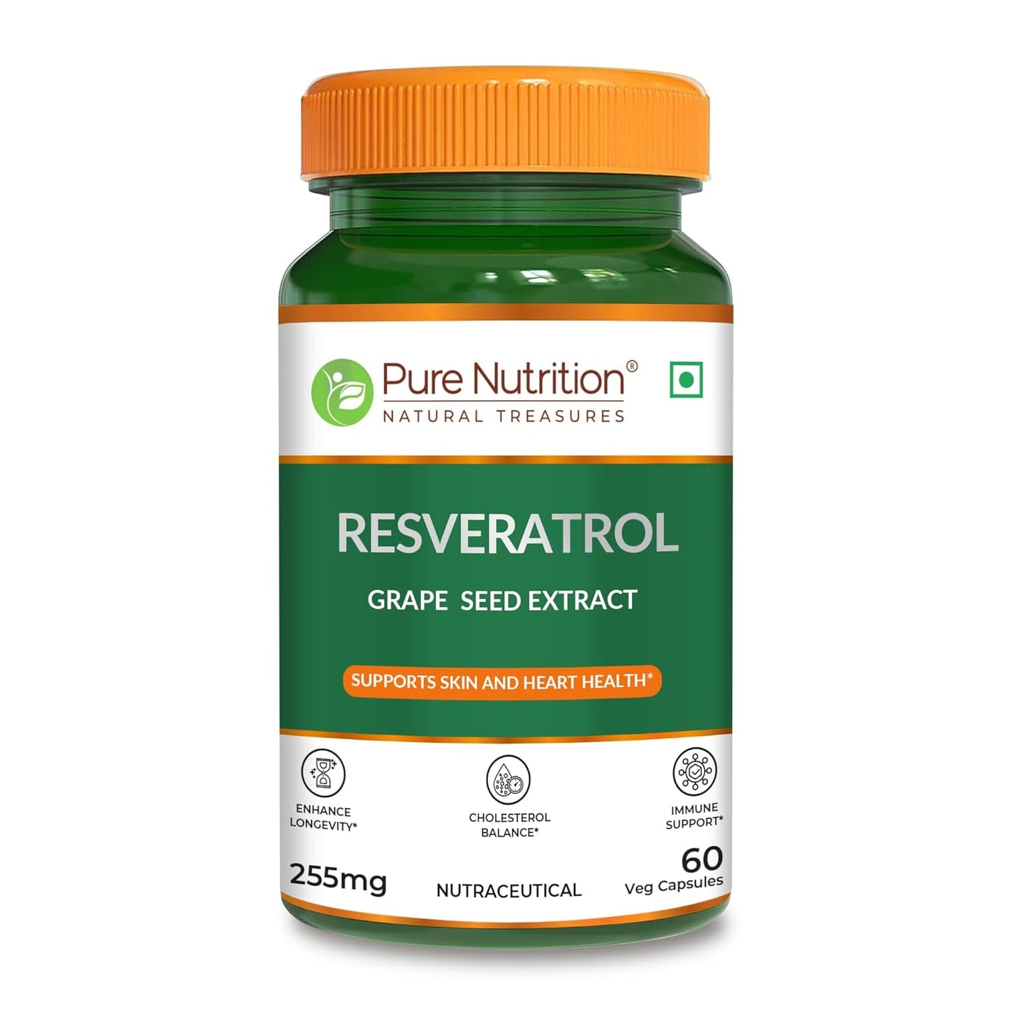 Pure Nutrition Resveratrol Capsules 255mg for Anti-Aging, Heart Health & Immunity | Powerful Antioxidant with Grape Seed Extract for Skin Radiance & Healthy Aging