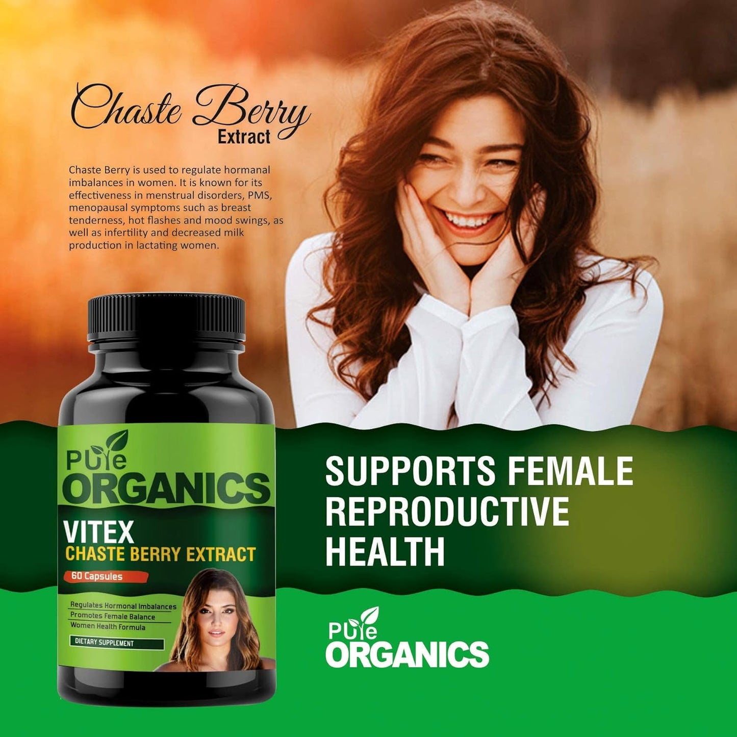 Pure Organic Vitex Chasteberry Extract Capsules Supplement Support for PMS and Menopause, 60 Capsules