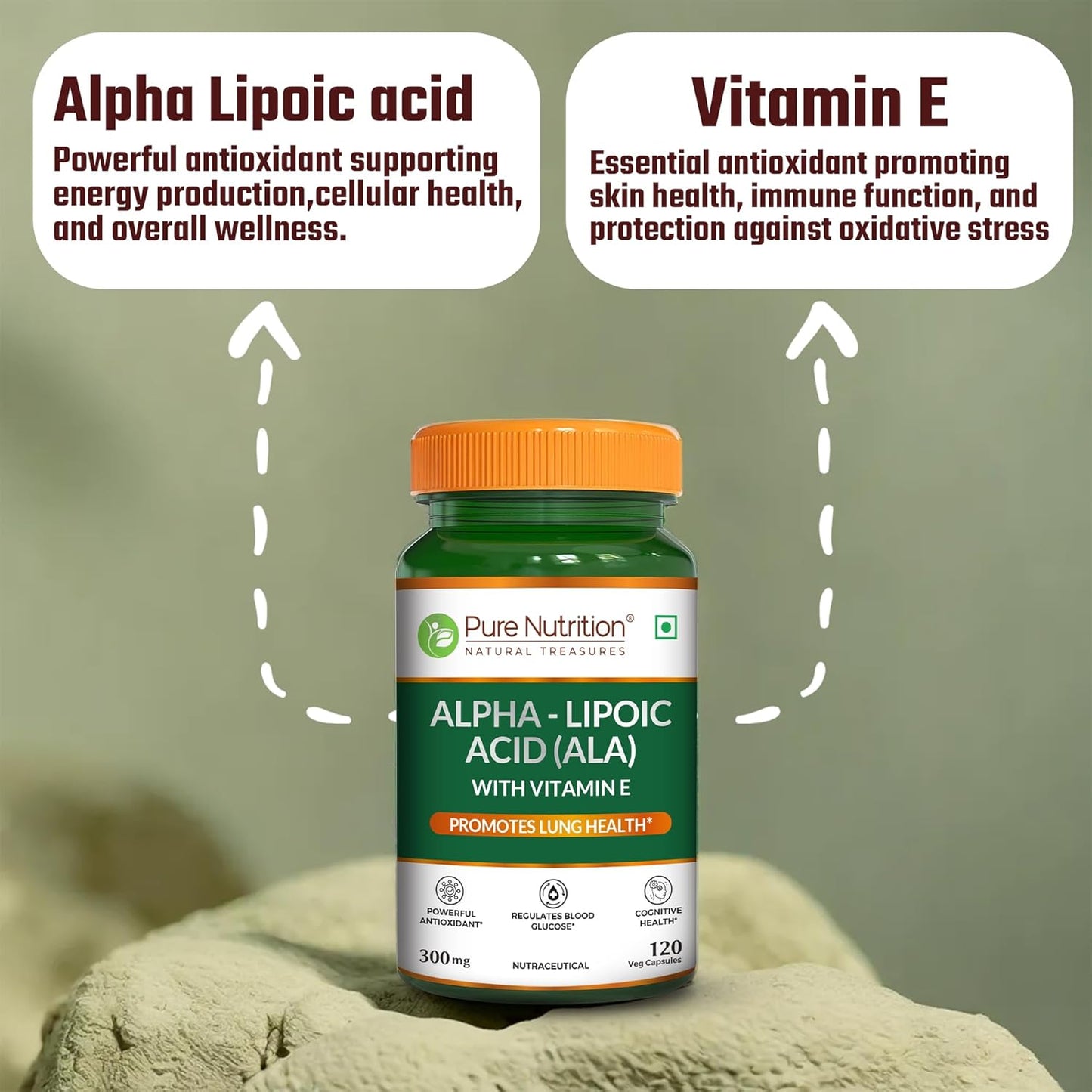 Pure Nutrition Alpha Lipoic Acid (ALA) Capsules 300mg - 120 Veg Capsules with Vitamin E | Powerful Antioxidant for Nerve & Heart Health | Supports Healthy Blood Sugar, Energy Metabolism & Cellular Protection