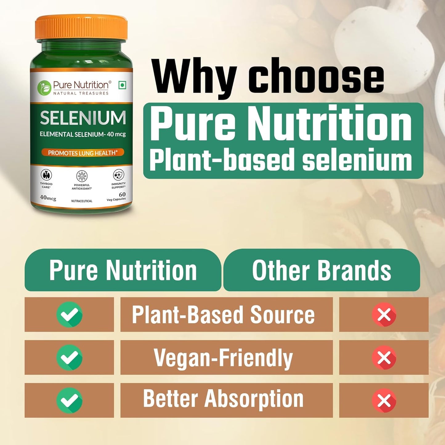 Pure Nutrition Selenium Capsules - 40mcg for Immune System, Supports Healthy Blood Pressure, Thyroid Health & Improves Cholesterol Levels - 60 Veg Capsules