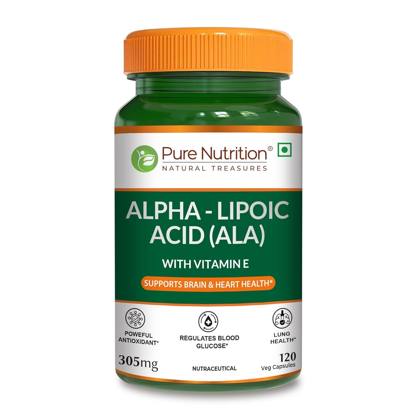 Pure Nutrition Alpha Lipoic Acid (ALA) Capsules 300mg - 120 Veg Capsules with Vitamin E | Powerful Antioxidant for Nerve & Heart Health | Supports Healthy Blood Sugar, Energy Metabolism & Cellular Protection
