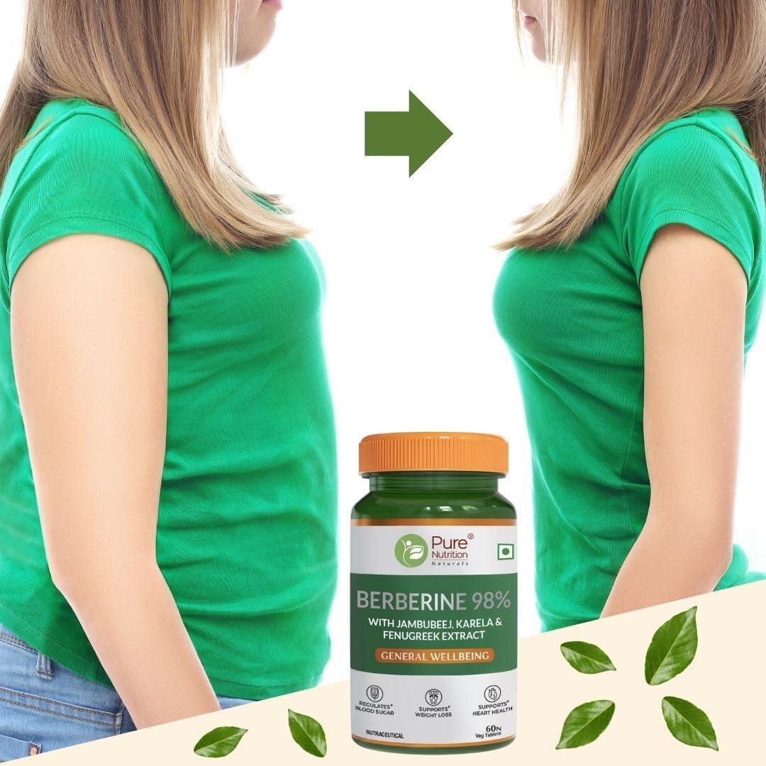 Pure Nutrition 98% Berberine Tablets - 60 Tablets with Jamun Beej, Karela & Fenugreek Extract