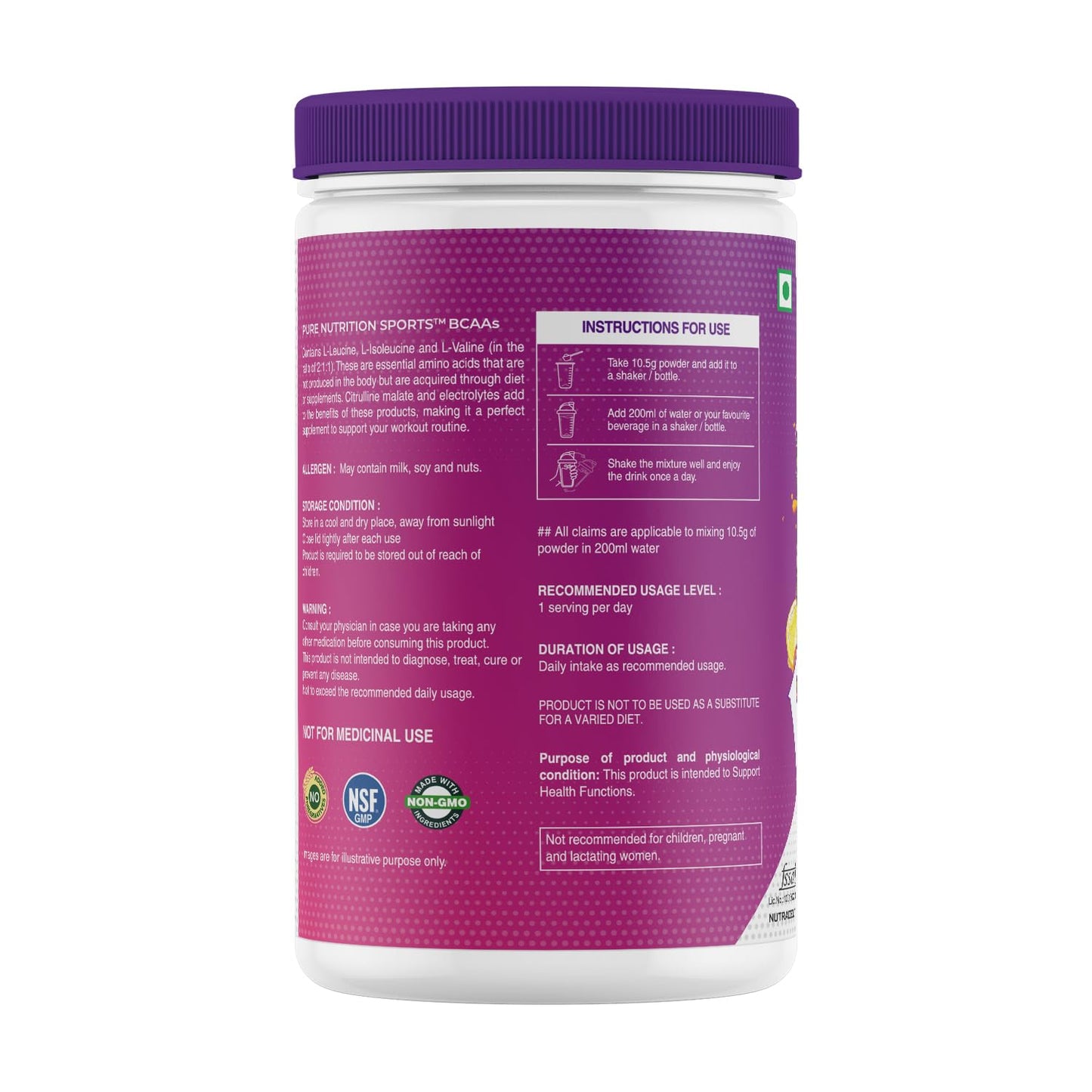 Pure Nutrition Sports BCAA supplement 2:1:1, Fruit Punch Flavor with L-Glutamine, Electrolytes, Grapeseed & Piperine, Sugar Free Amino Acid Supplement, Workout Muscle Recovery Drink for Muscle Growth, 250g, 23 Servings
