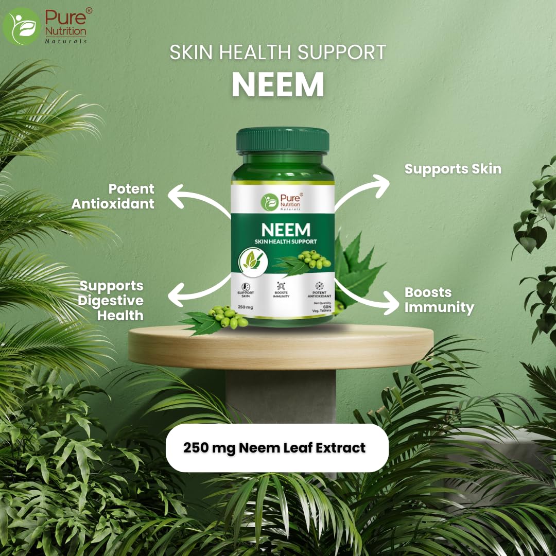 Pure Nutrition Neem Tablets | Natural Blood Purifier, Removes Toxins, Controls Acne & Pimples | Improves Skin Health | Supports Digestive & LIver Wellness, Detox | Boosts Immunity & Metabolism - 60 Tablets