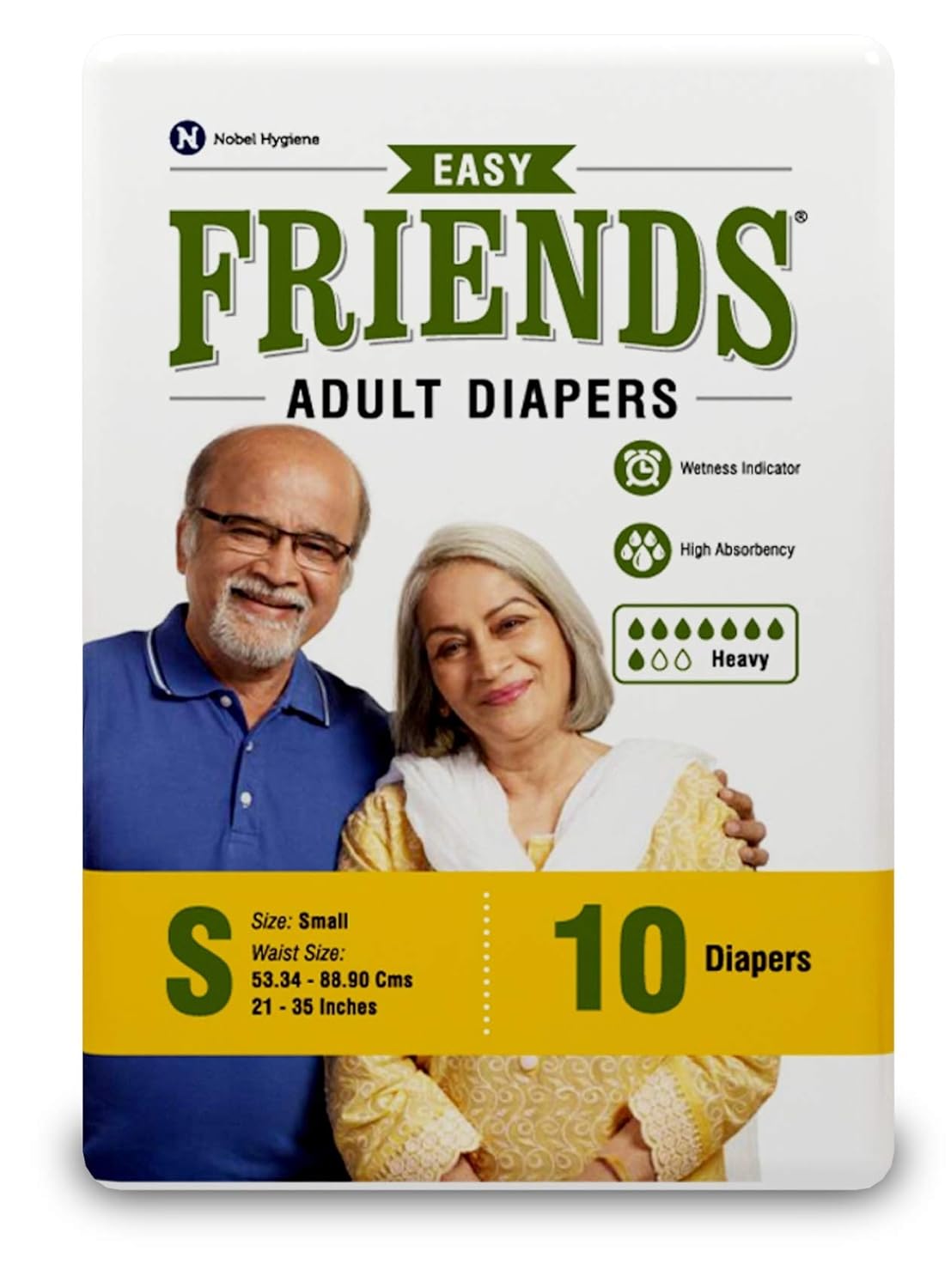 Friends Easy Adult Diaper Small - 10 Count with odour lock, Unisex, Leakproof, Wetness Indicator and Anti-Bacterial Absorbent Core- Waist Size 22.44-39.37 inch; 57-100 cm