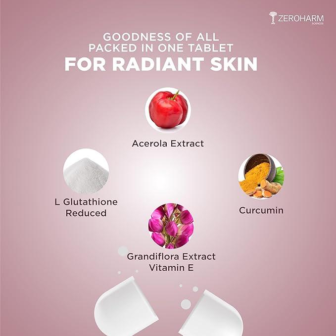 ZEROHARM Skin Radiance Supplement With L-Glutathione, Acerola Cherry Extract (Vitamin C), Vitamin B7(Biotin) & E - Helps Reduce Dark Spots, Brightens & Hydrates Skin for Men & Women - 60 Tablets