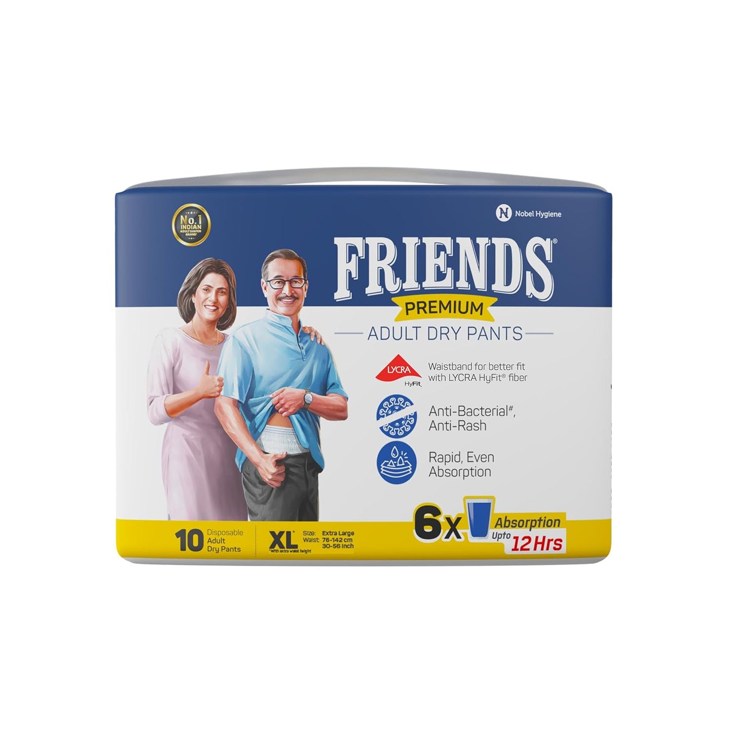 Friends Premium Adult Diaper Pants XL Pants Style - 10 Count (Extra Large) with odour lock, Unisex, Leakproof, Elastic Waist and Anti-Bacterial Absorbent Core - Waist Size 30-56 inch; 76-142 cm