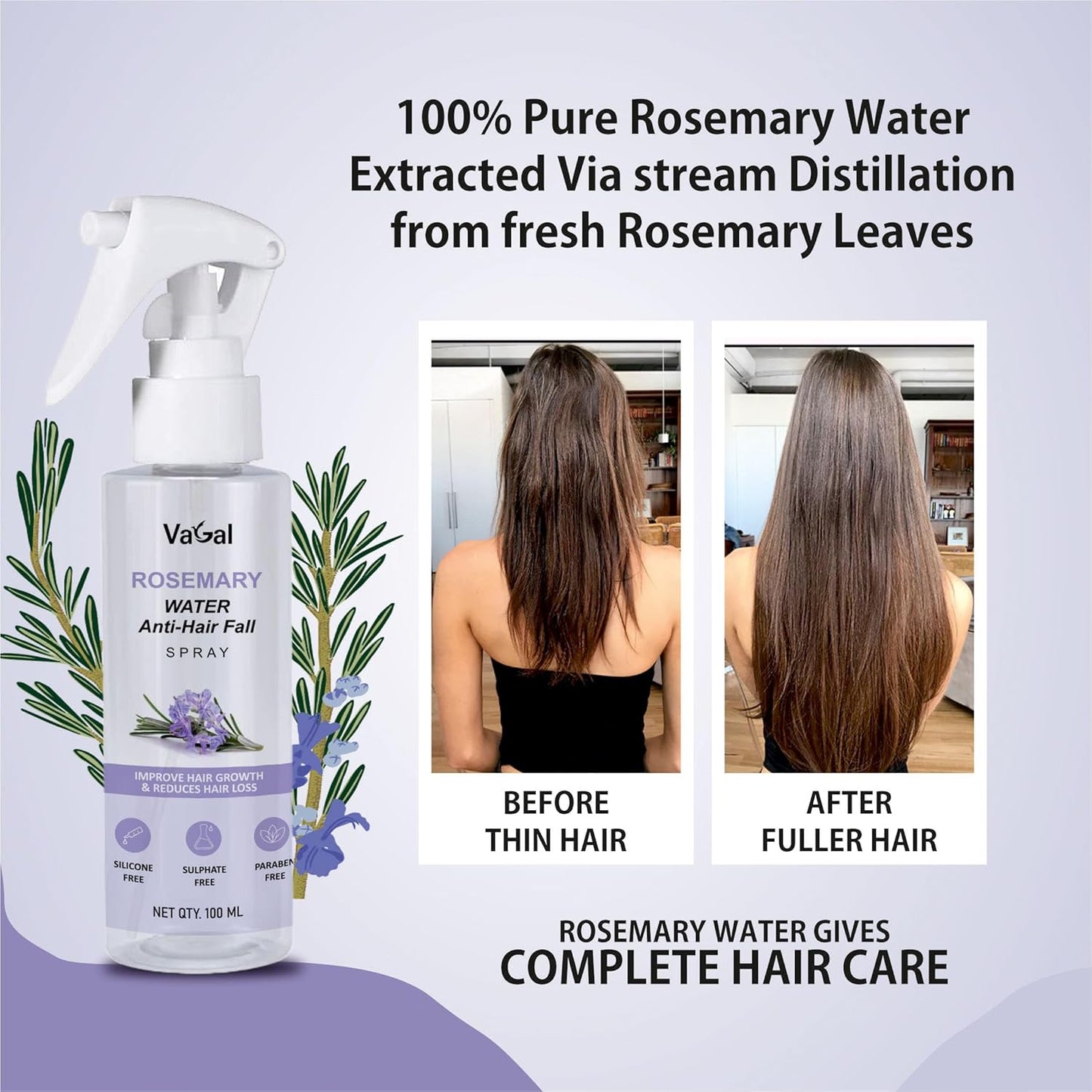 Vagal Rosemary water for hair growth | Rosemary Water | Hair Spray For Regrowth | Rosemary Water for Hair Growth, Mist Spray Steam Distilled Pure and Natural, (100 ml, Pack of 1)