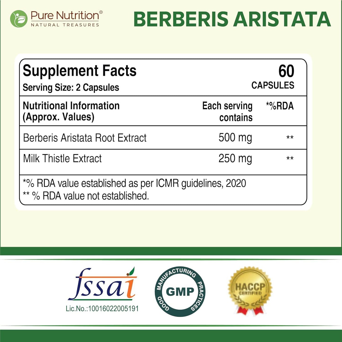 Pure Nutrition Berberis Aristata Capsules Supplement - 60 Veg Capsules