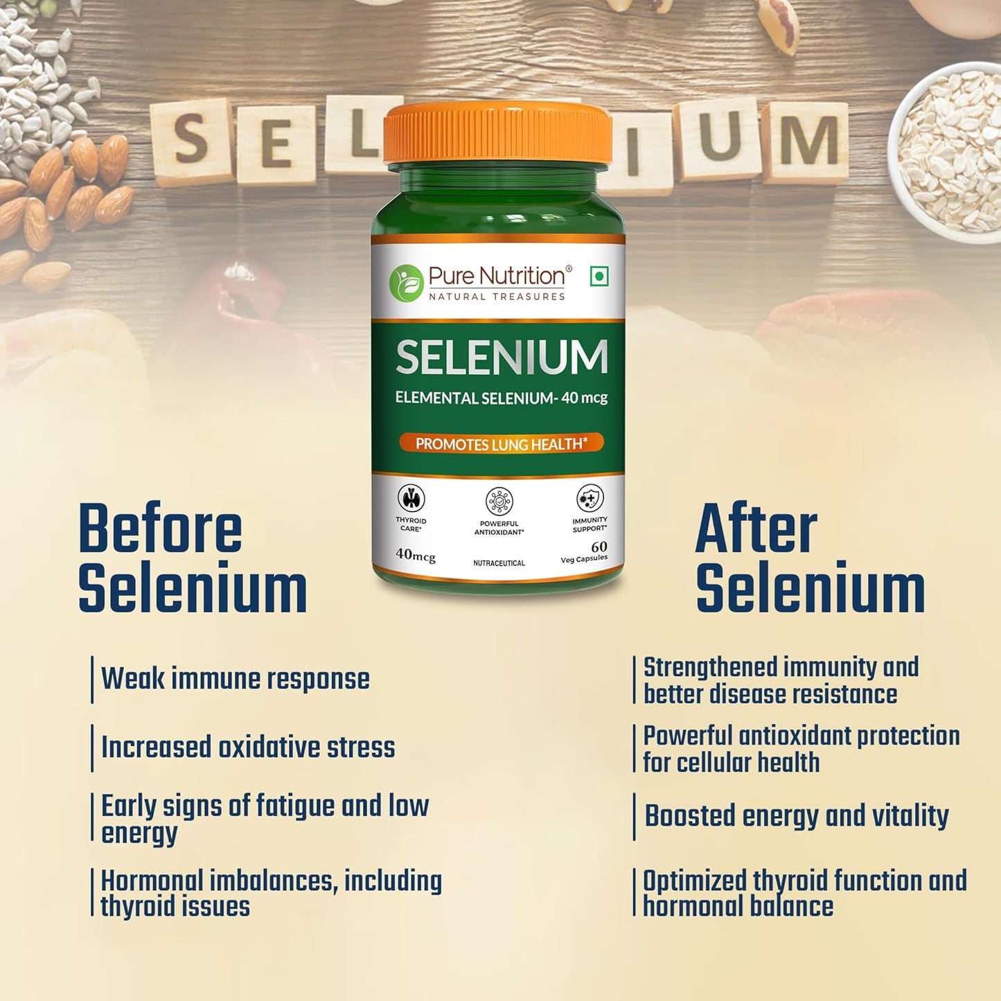 Pure Nutrition Selenium Capsules - 40mcg for Immune System, Supports Healthy Blood Pressure, Thyroid Health & Improves Cholesterol Levels - 60 Veg Capsules