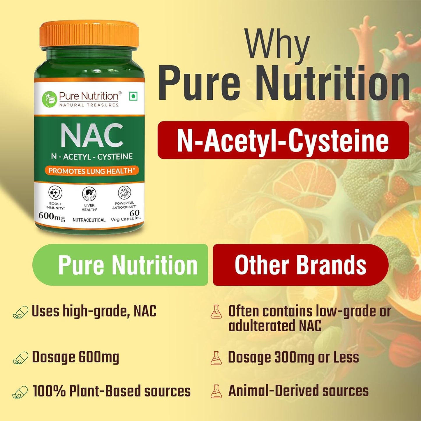 Pure Nutrition NAC (N-Acetyl L-Cysteine) Capsules - 600mg for Immunity, Lung & Respiratory Health | Enhances Liver Detox, Reduces Oxidative Stress, Boosts Cellular Health for Men & Women - 60 Veg Capsules
