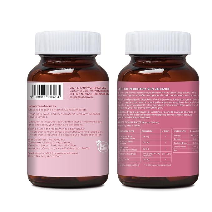 ZEROHARM Skin Radiance Supplement With L-Glutathione, Acerola Cherry Extract (Vitamin C), Vitamin B7(Biotin) & E - Helps Reduce Dark Spots, Brightens & Hydrates Skin for Men & Women - 60 Tablets