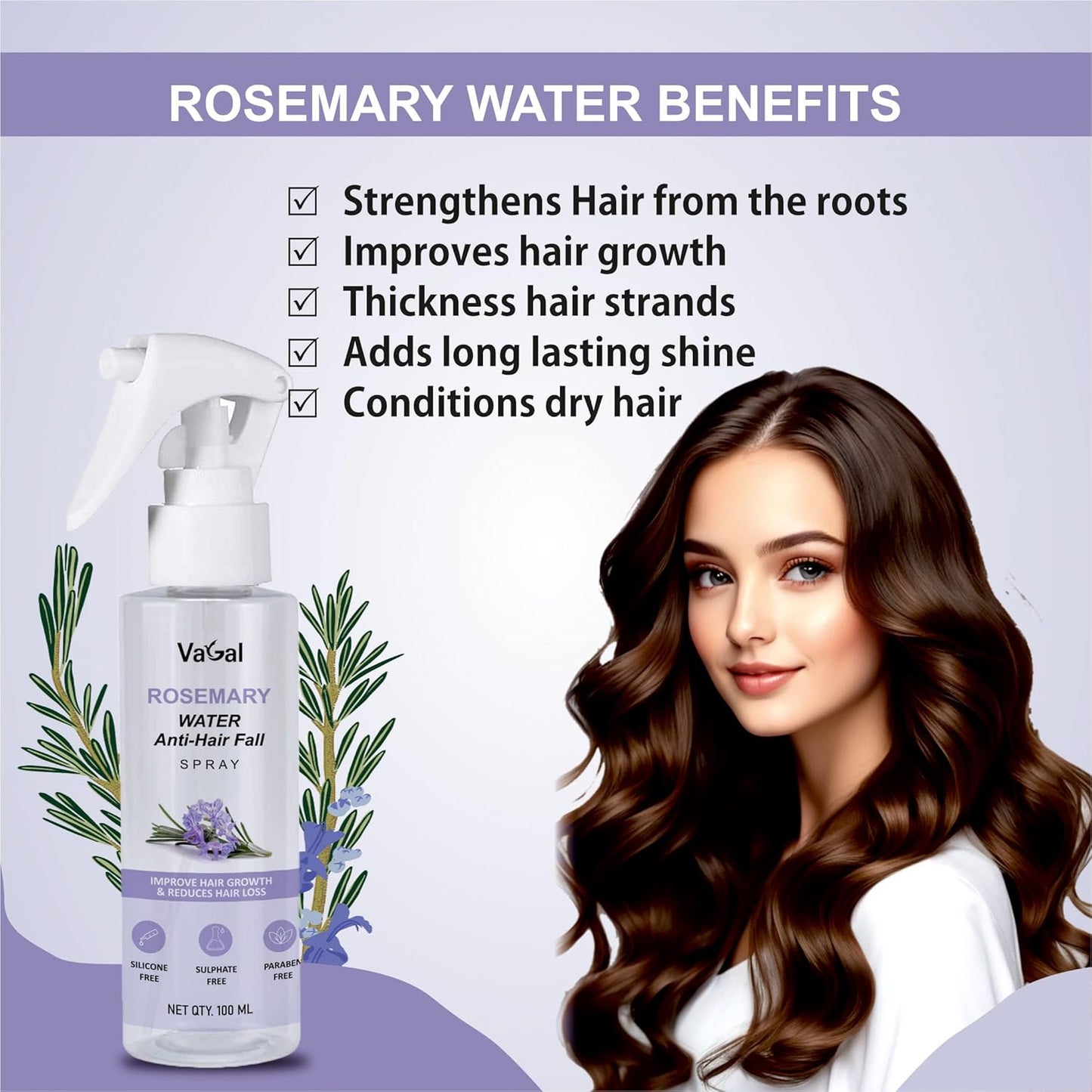 Vagal Rosemary water for hair growth | Rosemary Water | Hair Spray For Regrowth | Rosemary Water for Hair Growth, Mist Spray Steam Distilled Pure and Natural, (100 ml, Pack of 1)