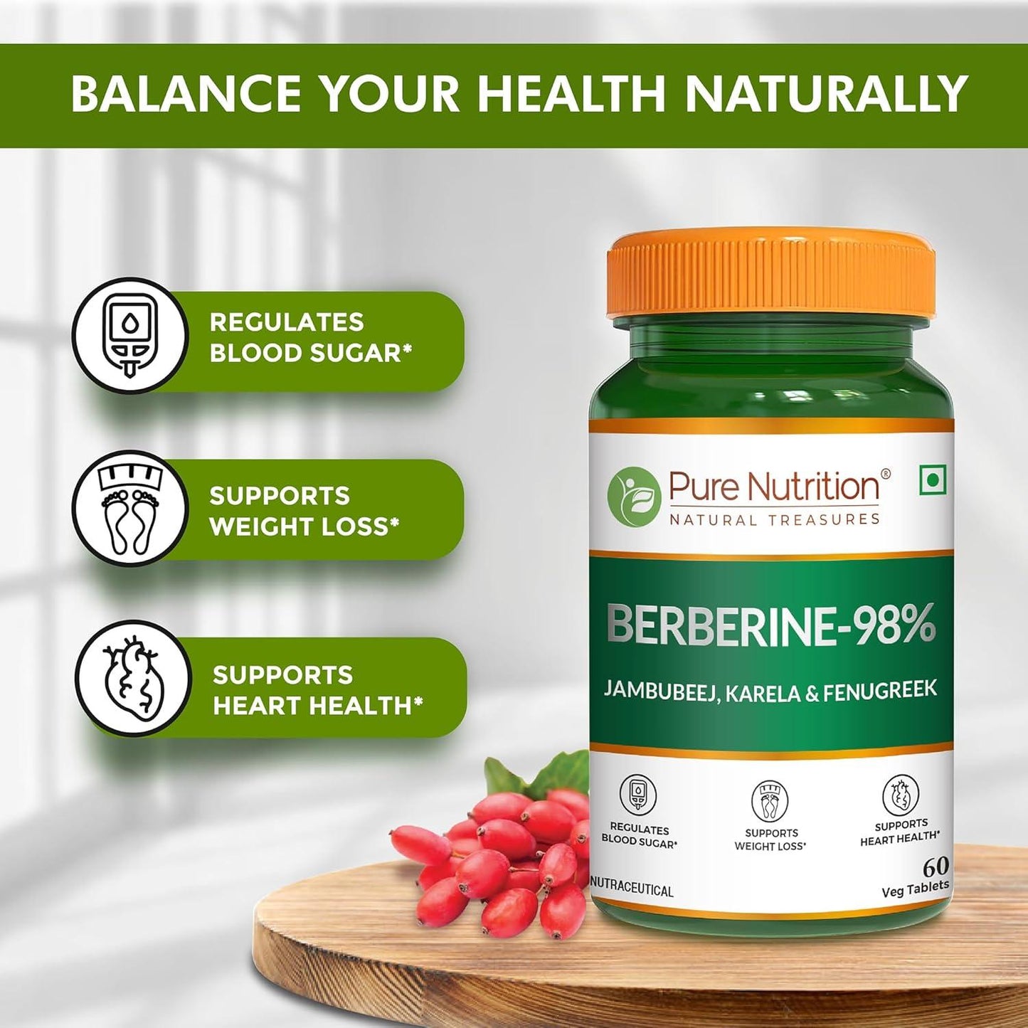 Pure Nutrition 98% Berberine Tablets - 60 Tablets with Jamun Beej, Karela & Fenugreek Extract