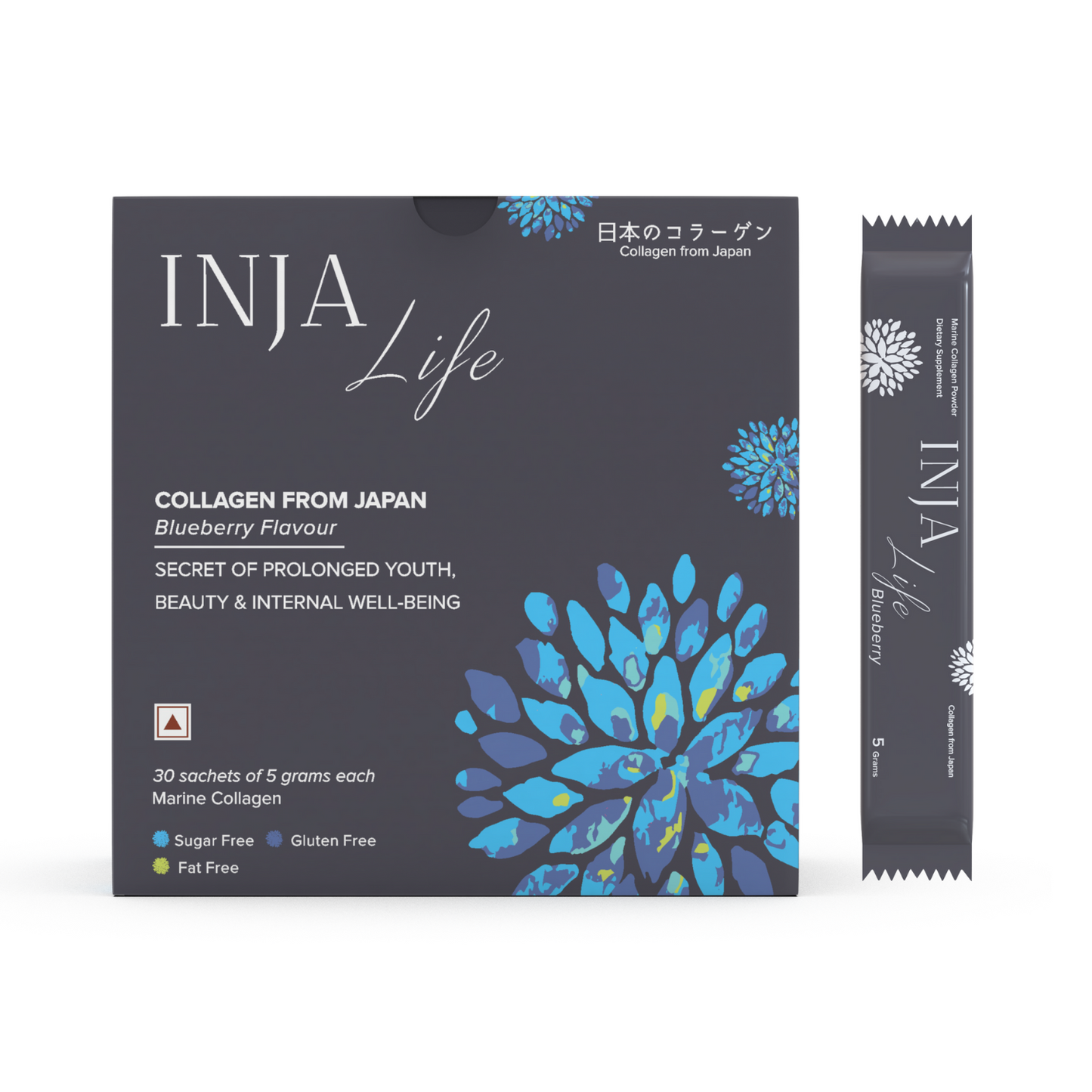INJA Life Collagen Powder for Anti-Ageing Support, Skin & Hair Health | Flavour Blueberry - 7 Sachets