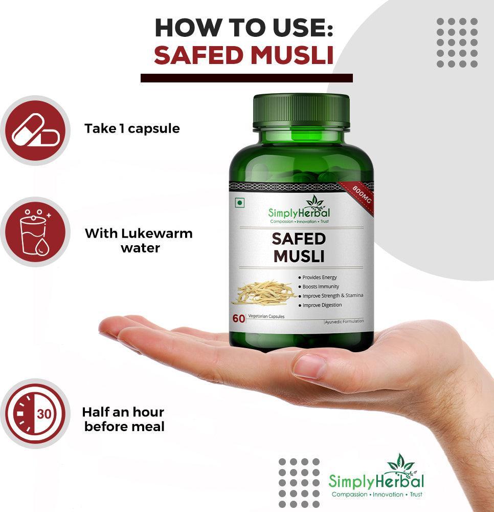 Simply Herbal Safed Musli 800mg Vegetarian Capsules - 90 Capules (Pack of 2 & 3)