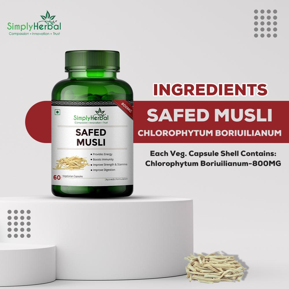 Simply Herbal Safed Musli 800mg Vegetarian Capsules - 90 Capules (Pack of 2 & 3)