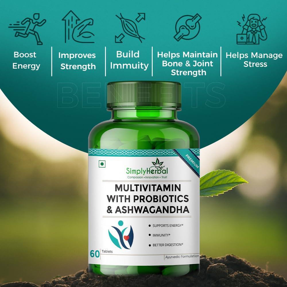 Simply Herbal Multivitamin With Probiotics & Ashwagandha Tablets - 60 Veg Tablets