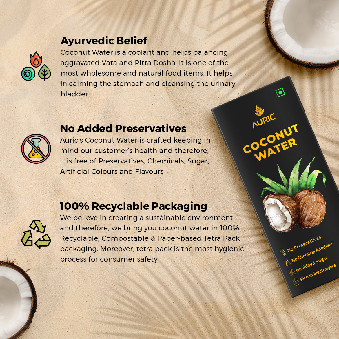 Auric Tender Coconut Water - No Added Sugar and Flavor -200ml Pack of 27