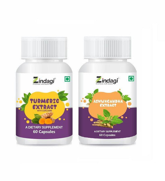 Zindagi Ashwagandha With Turmeric Capsules - Immunity Booster - Combo Pack (60 Caps Each)