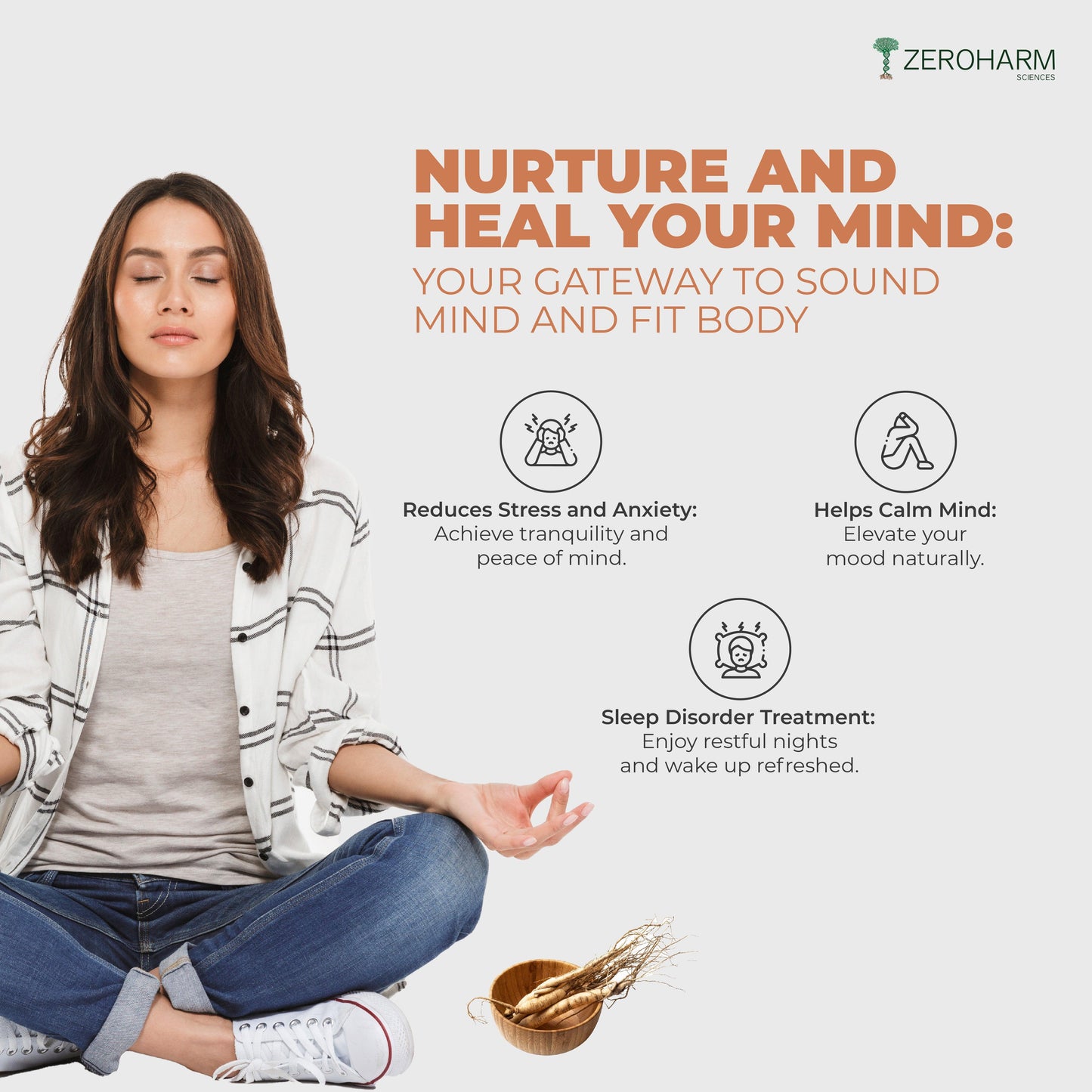 ZEROHARM Ashwagandha Roots Supplement for Energy, Stress, Anxiety Relief for Men & Women - 60 Capsules