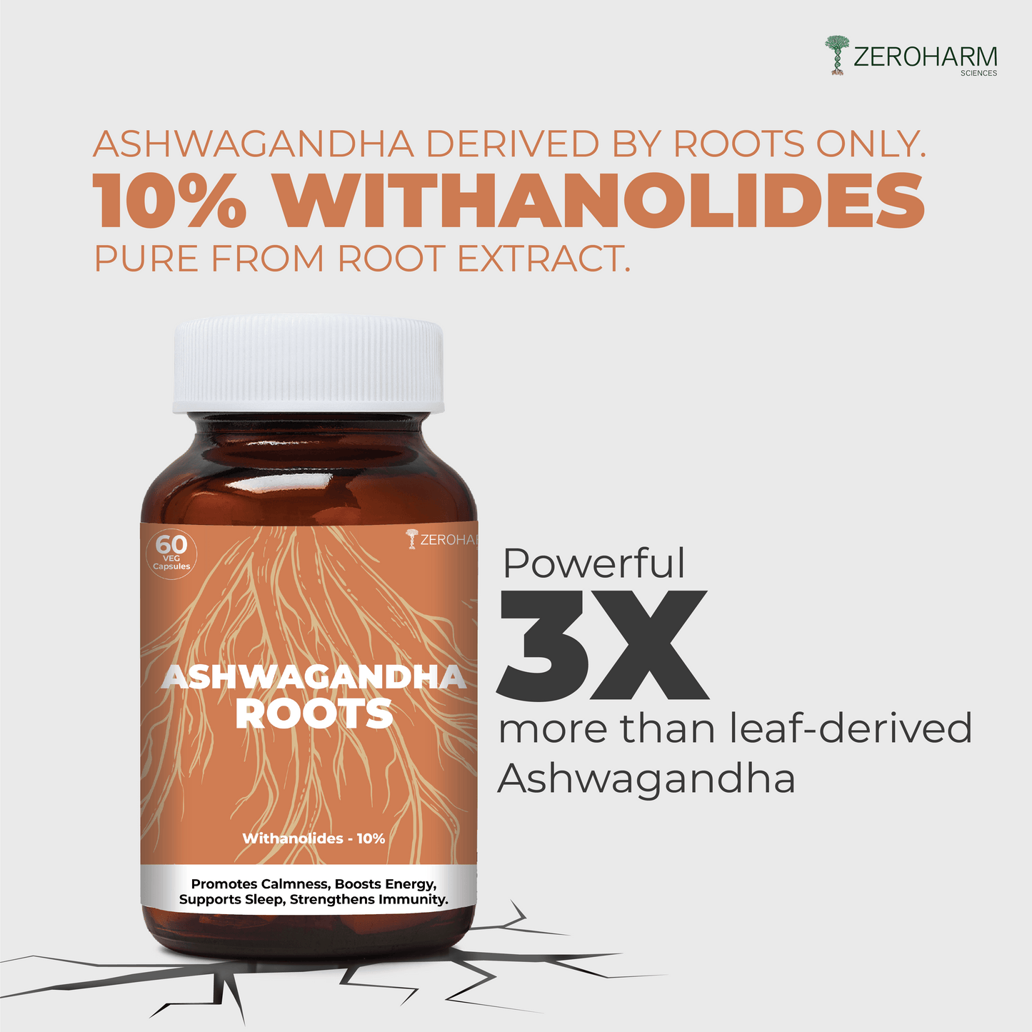 ZEROHARM Ashwagandha Roots Supplement for Energy, Stress, Anxiety Relief for Men & Women - 60 Capsules