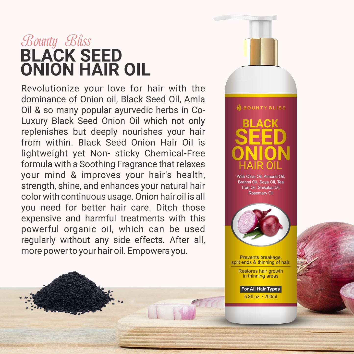 Bounty Bliss Black Seed Onion Oil - Anti-Hair fall Hair Oil Nourishes Scalp & Stimulates Roots Reduces Hair fall & Breakage Repairs Damaged Hair Boosts Hair Thickness - 200ml