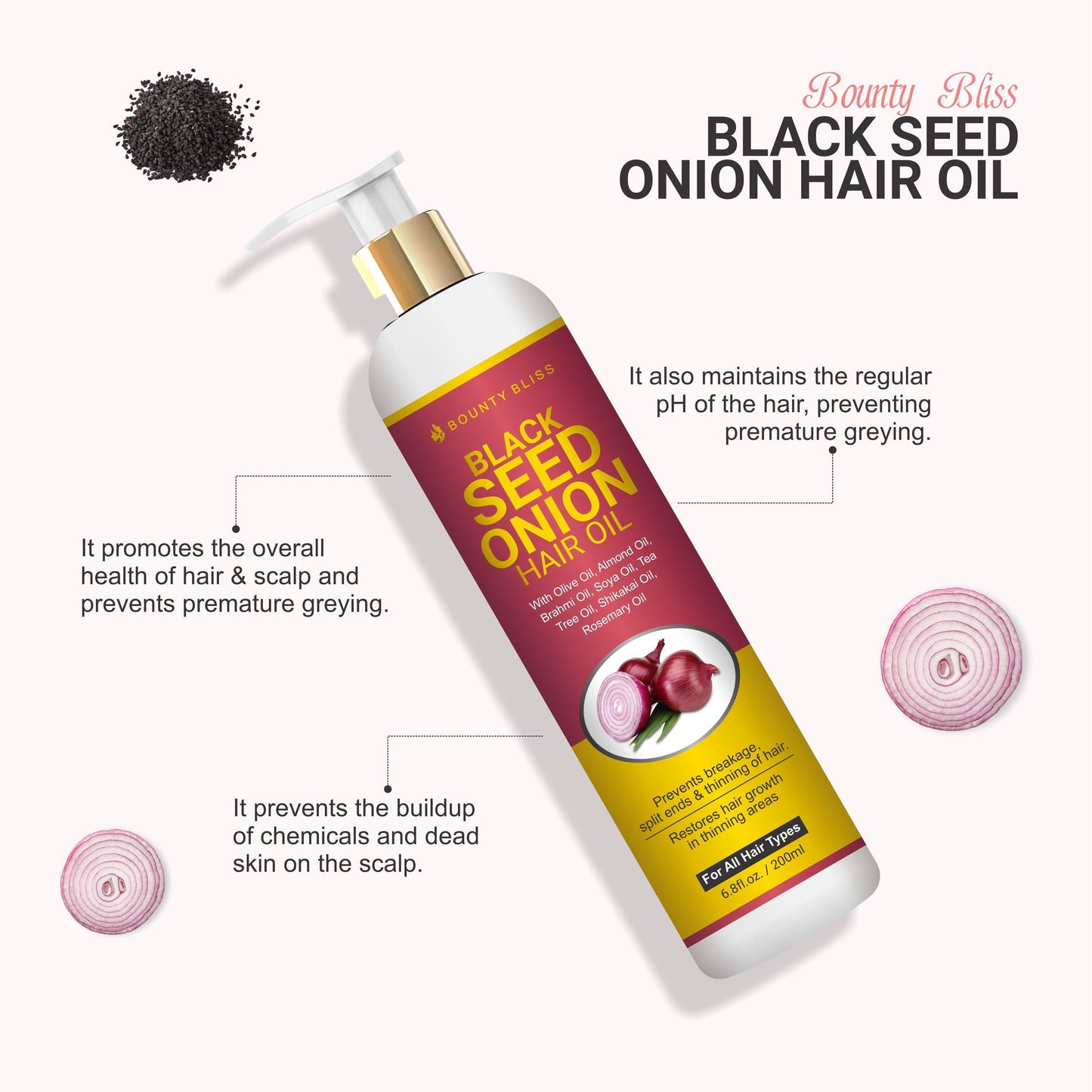Bounty Bliss Black Seed Onion Oil - Anti-Hair fall Hair Oil Nourishes Scalp & Stimulates Roots Reduces Hair fall & Breakage Repairs Damaged Hair Boosts Hair Thickness - 200ml