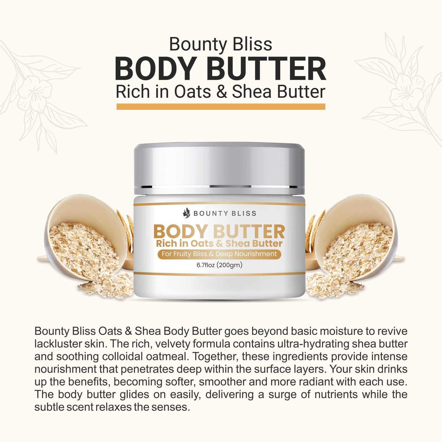 Bounty Bliss Oats & Shea Body Butter Cream - Nourishing Moisturizer for Soft, Smooth Skin