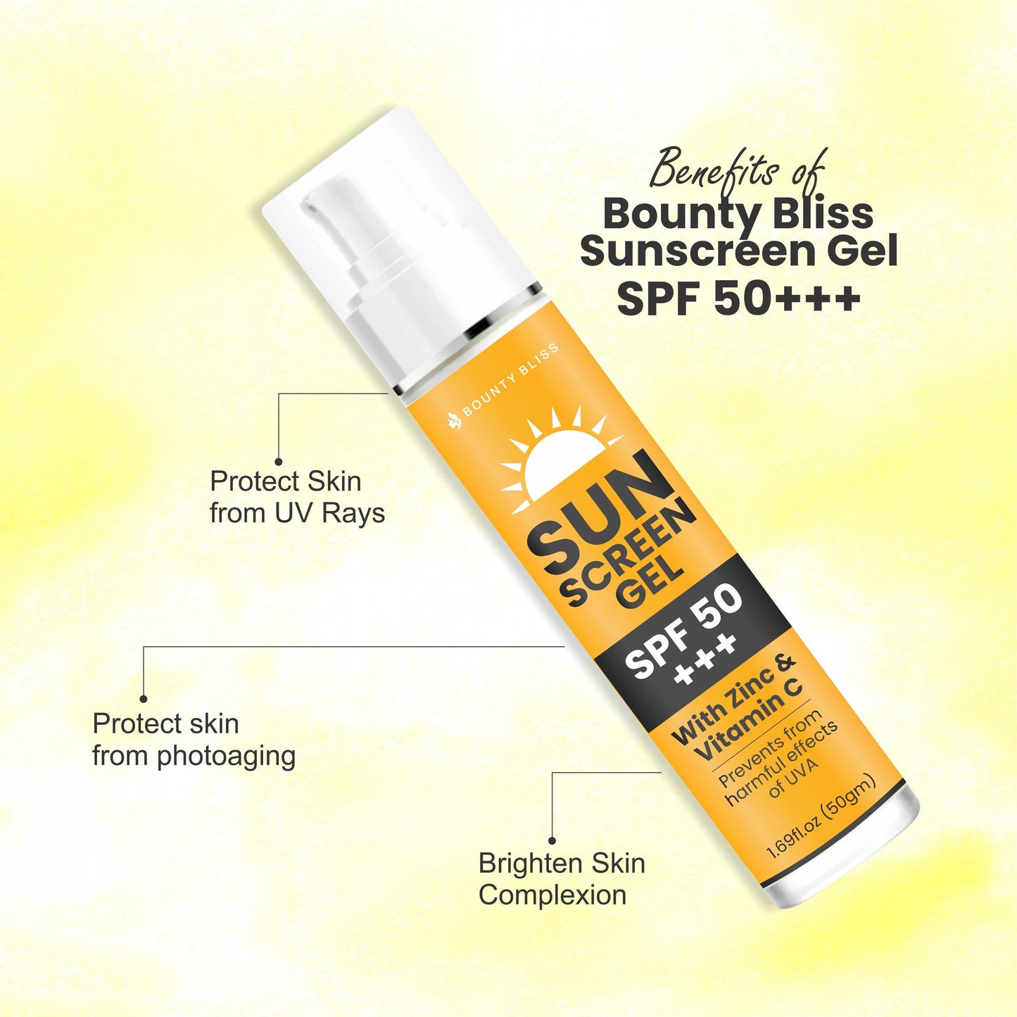 Bounty Bliss Sunscreen Gel SPF 50+++ Broad Spectrum UVA/UVB Blue light protect No White Cast Water resistant, Ultra light & Non sticky Oily, Dry & Sensitive Skin