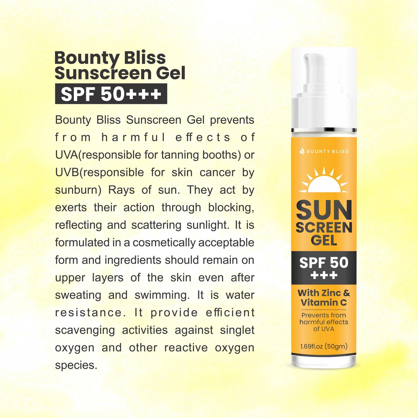 Bounty Bliss Sunscreen Gel SPF 50+++ Broad Spectrum UVA/UVB Blue light protect No White Cast Water resistant, Ultra light & Non sticky Oily, Dry & Sensitive Skin