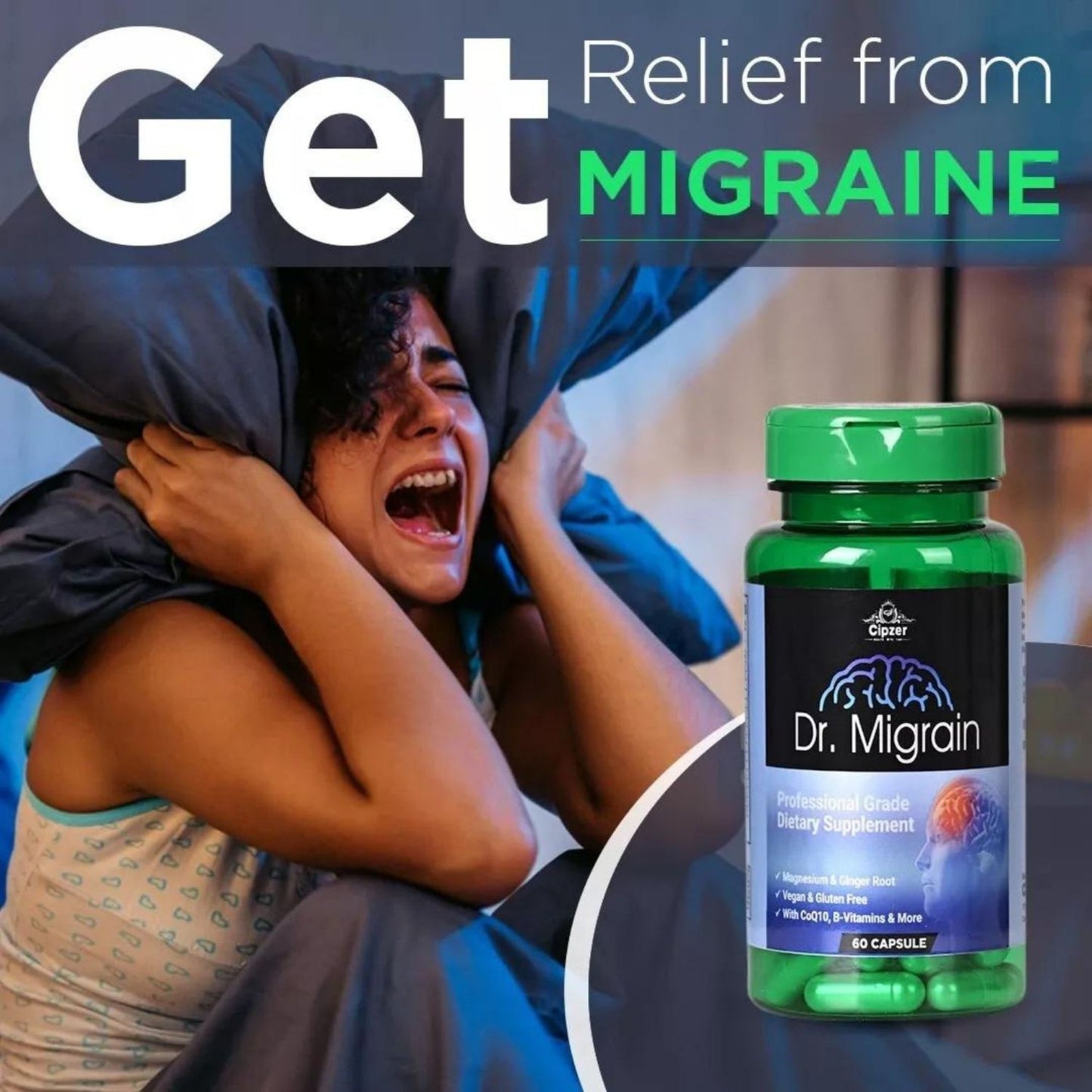 Cipzer Dr Migrain 60 Capsules | Herbal Migraine Relief, Headache Care, Stress & Nerve Support