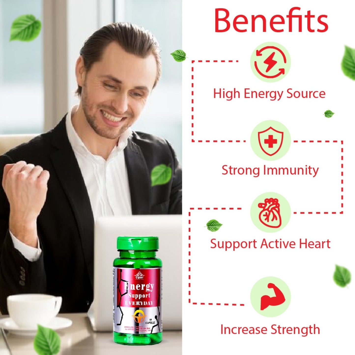 Cipzer Energy Support Everyday 60 Capsules | Daily Herbal Formula For Stamina, Vitality & Immunity