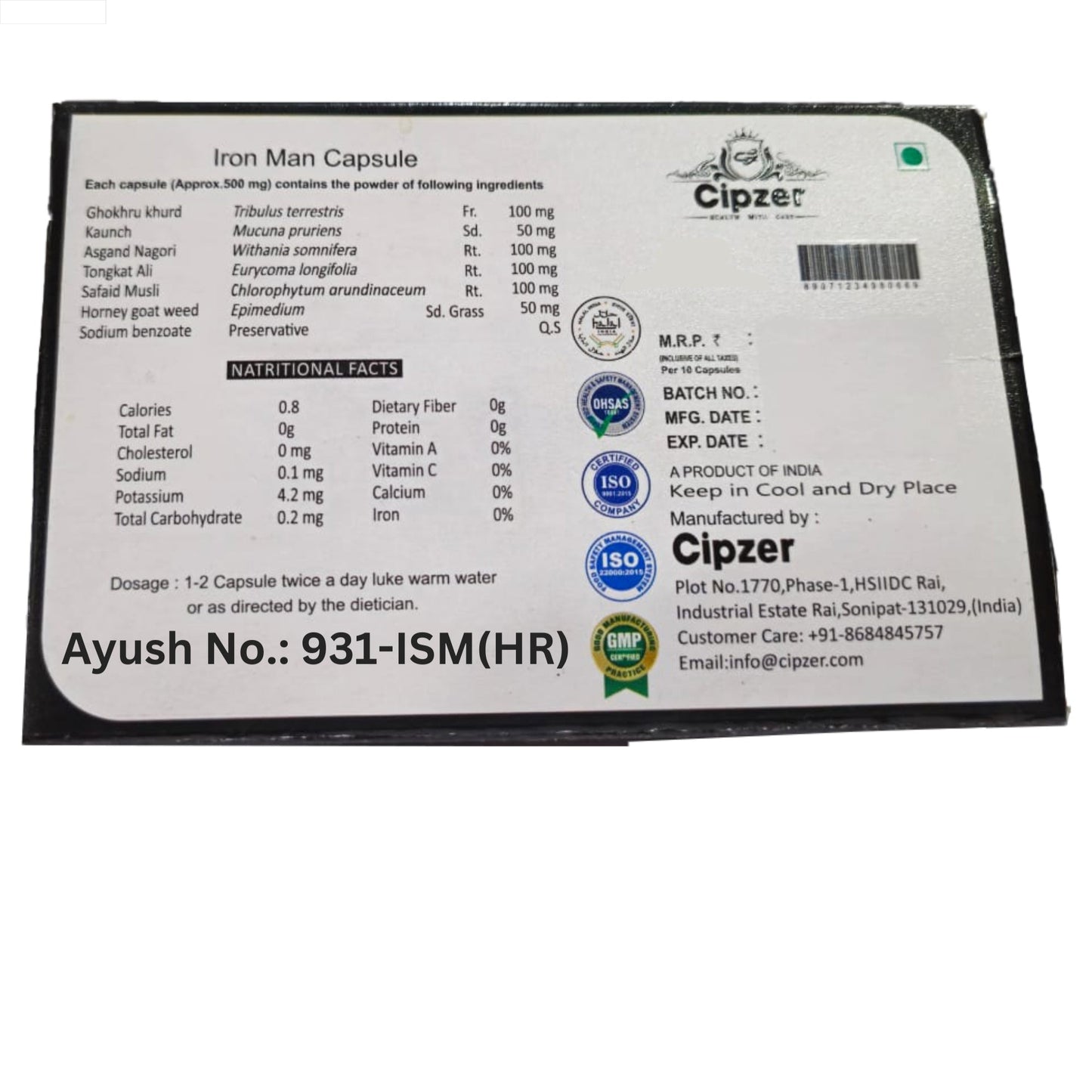 Cipzer Iron Man 10 Capsules | Herbal Stamina, Erection, Sexual Power & Timing Enhancer for Men