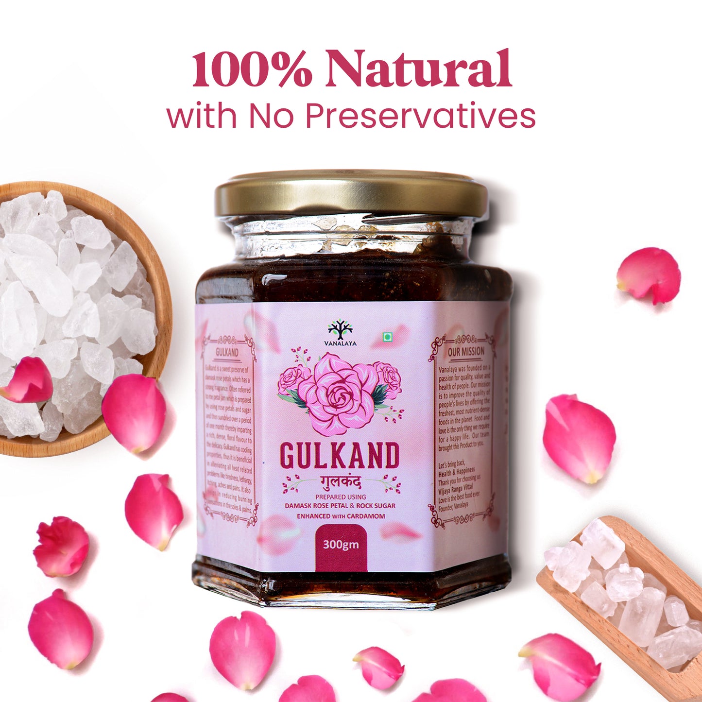 Vanalaya Natural Organic Gulkand Prepared Using Sun Cooked Damask Rose & Cardamon