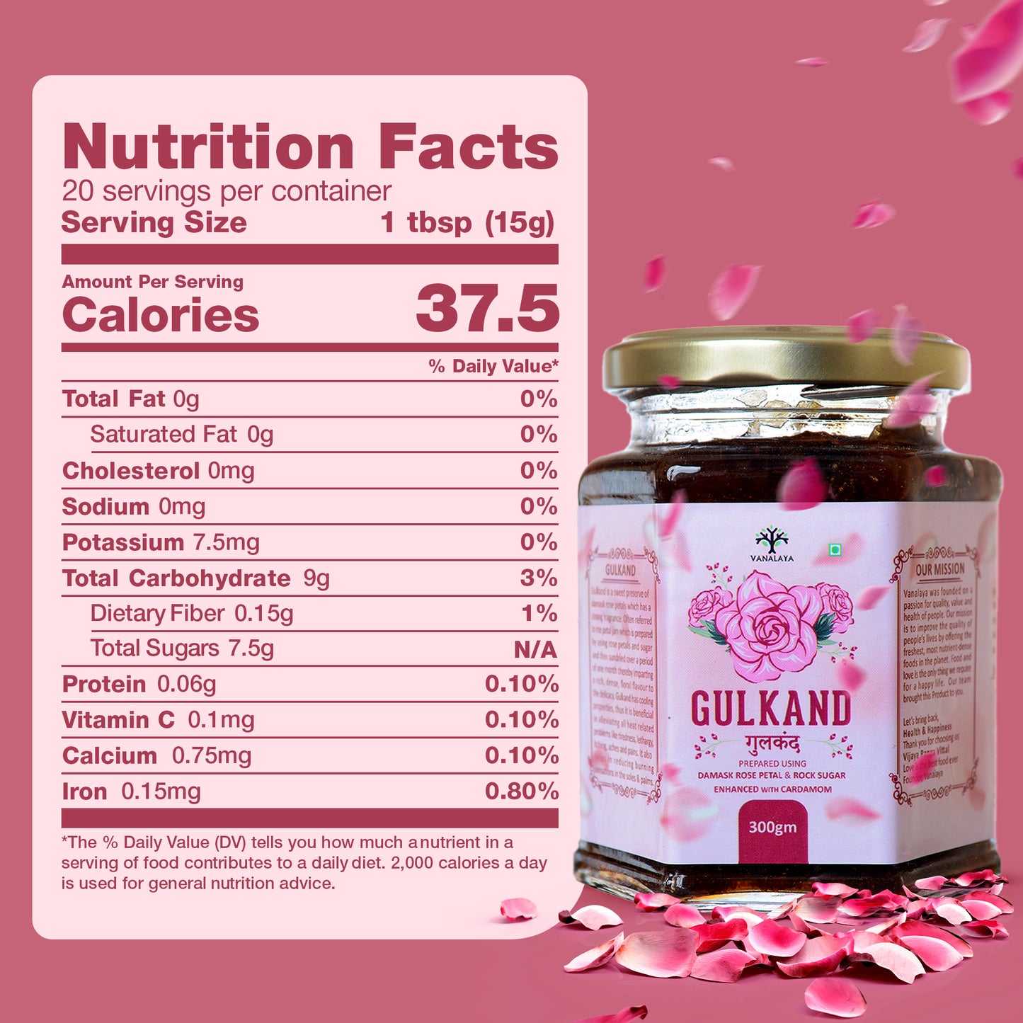 Vanalaya Natural Organic Gulkand Prepared Using Sun Cooked Damask Rose & Cardamon