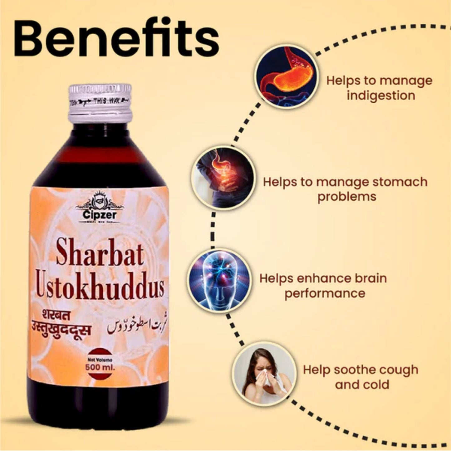 Cipzer Sharbat Ustokhuddus 500 ML | Herbal Brain, Nerve & Respiratory Tonic for Stress & Headache