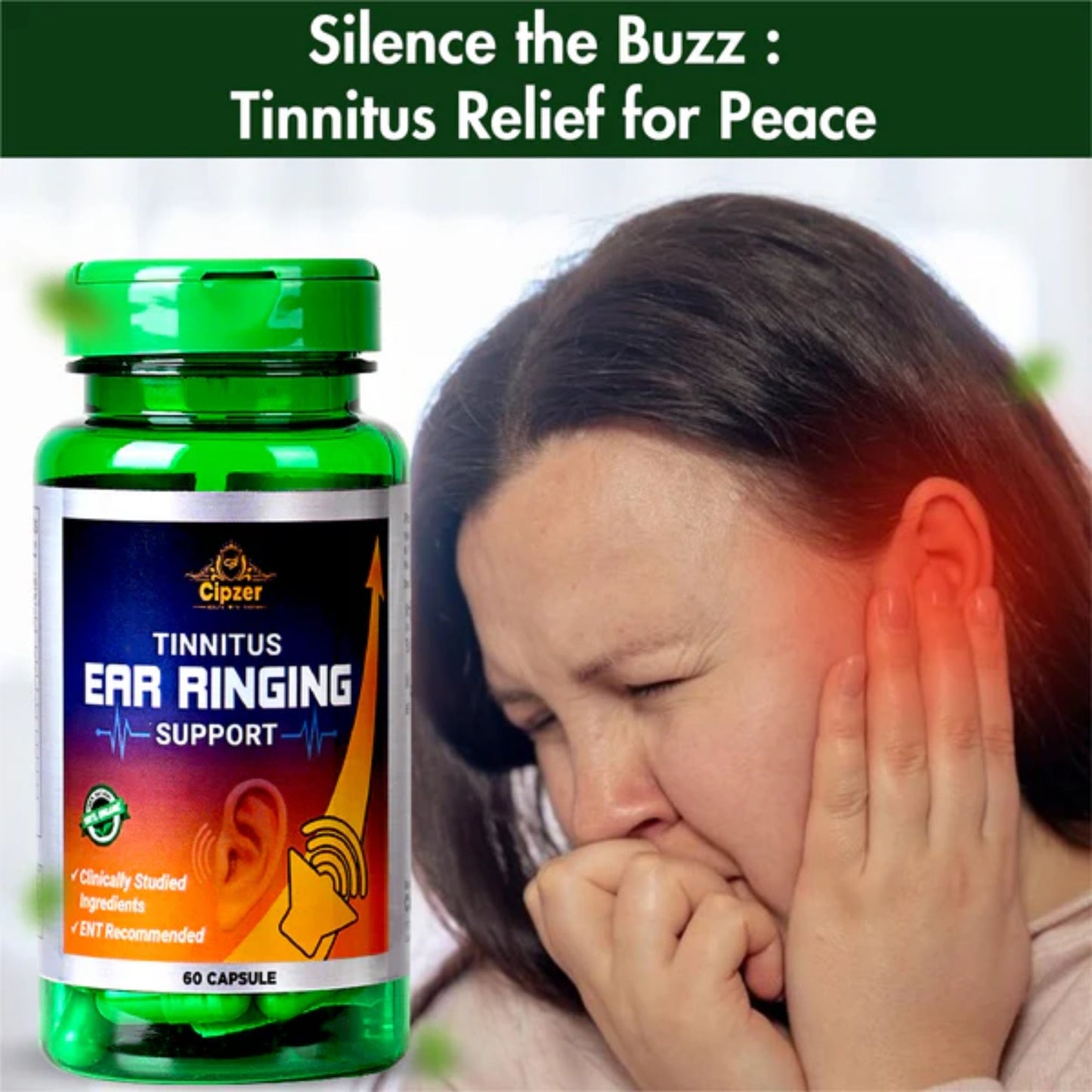 Cipzer Tinnitus Ear Ringing Support 60 Capsules | Natural Herbal Relief For Ear Buzzing & Hearing Health