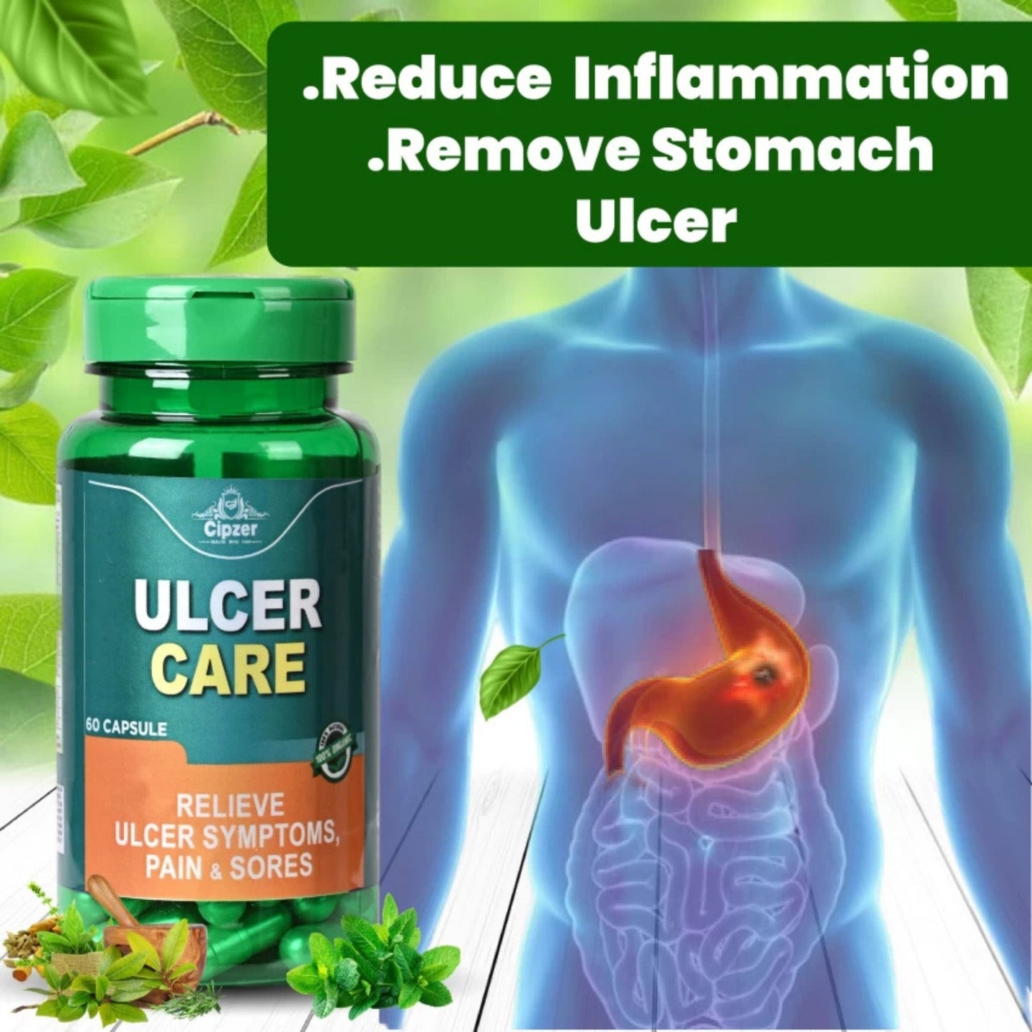 Cipzer Ulcer Care 60 Capsules | Herbal Remedy for Ulcers, Acidity, Gastritis & Complete Digestive Care