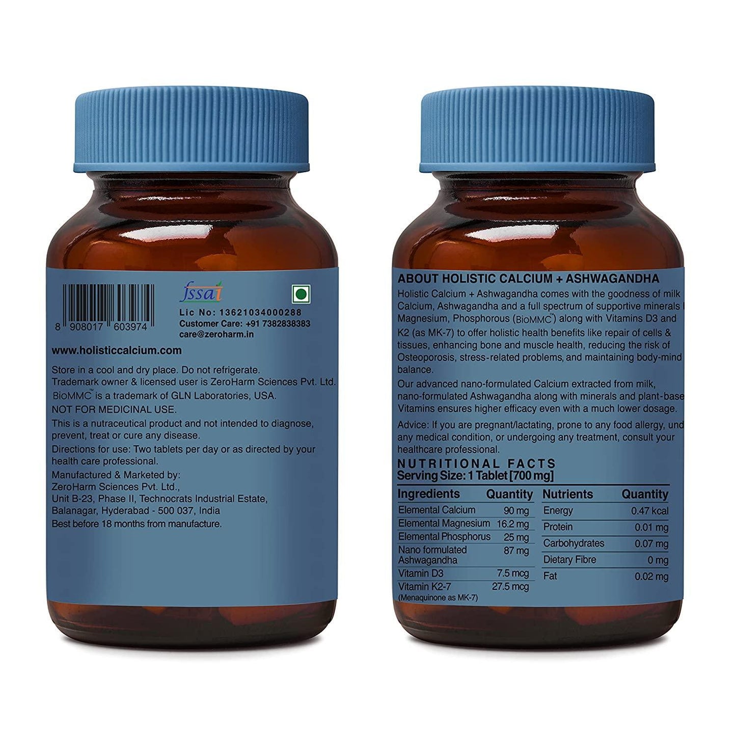 ZEROHARM Holistic Calcium Tablets – High Absorbption Milk-Based Calcium Supplement with Vitamin D3, K2-7, Magnesium, Phosphorous – Supports Bone Strength & Joint Health For Men & Women – 60 Tablets