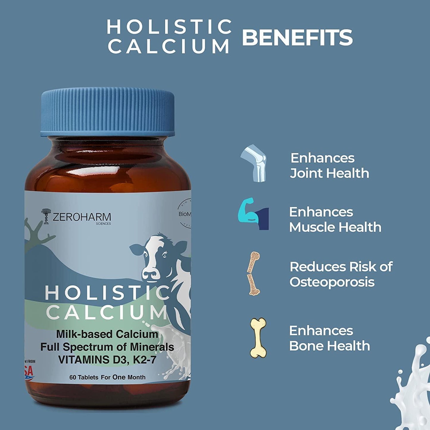 ZEROHARM Holistic Calcium Tablets – High Absorbption Milk-Based Calcium Supplement with Vitamin D3, K2-7, Magnesium, Phosphorous – Supports Bone Strength & Joint Health For Men & Women – 60 Tablets