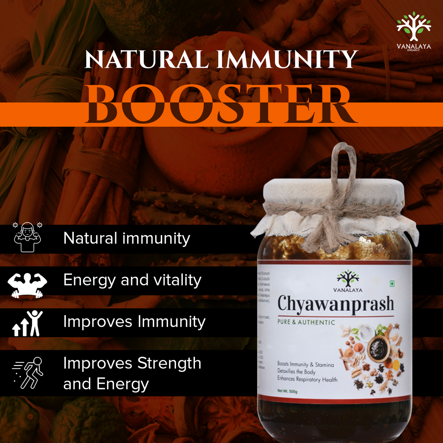 Vanalaya Organic Ayurvedic Chyawanprash for immunity boosting suitable for all age groups enriched with amla, Desi ghee & jagerry helps Build Strength and Stamina - 500gm