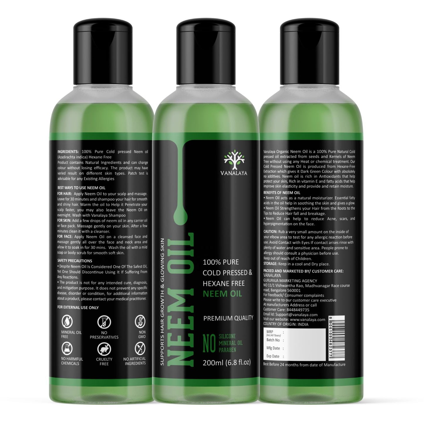 Vanalaya Pure Cold Pressed Neem Oil For Hair & Skin Natural Remedy For Daily Skin And Hair 200ml