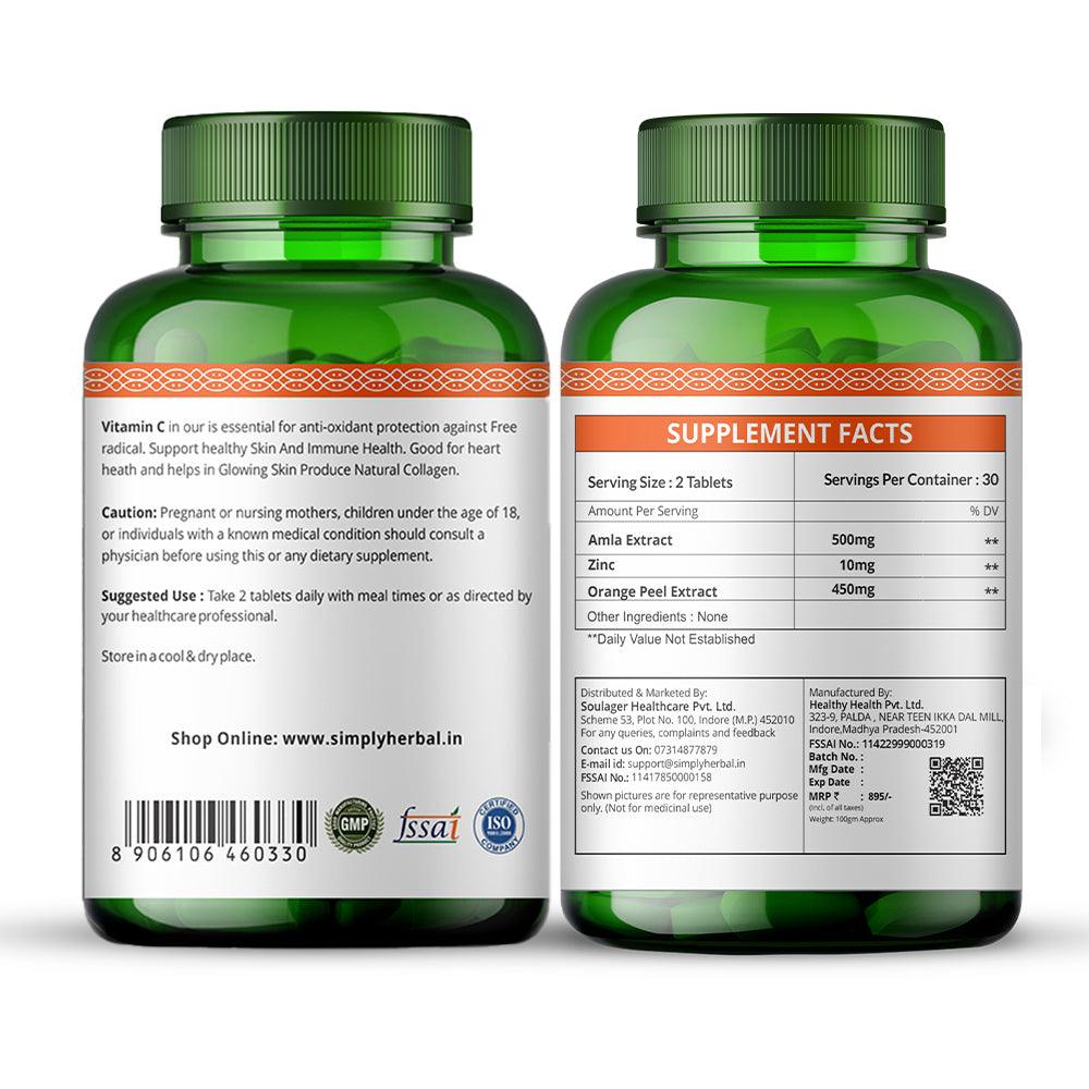 Simply Herbal Vitamin-C Tablet or Glowing Skin & Face, Ascorbic Acid, Amla Extract, Skin Glowing Supplement Promote Beauty & Health for Men & Women - 60 Tablets