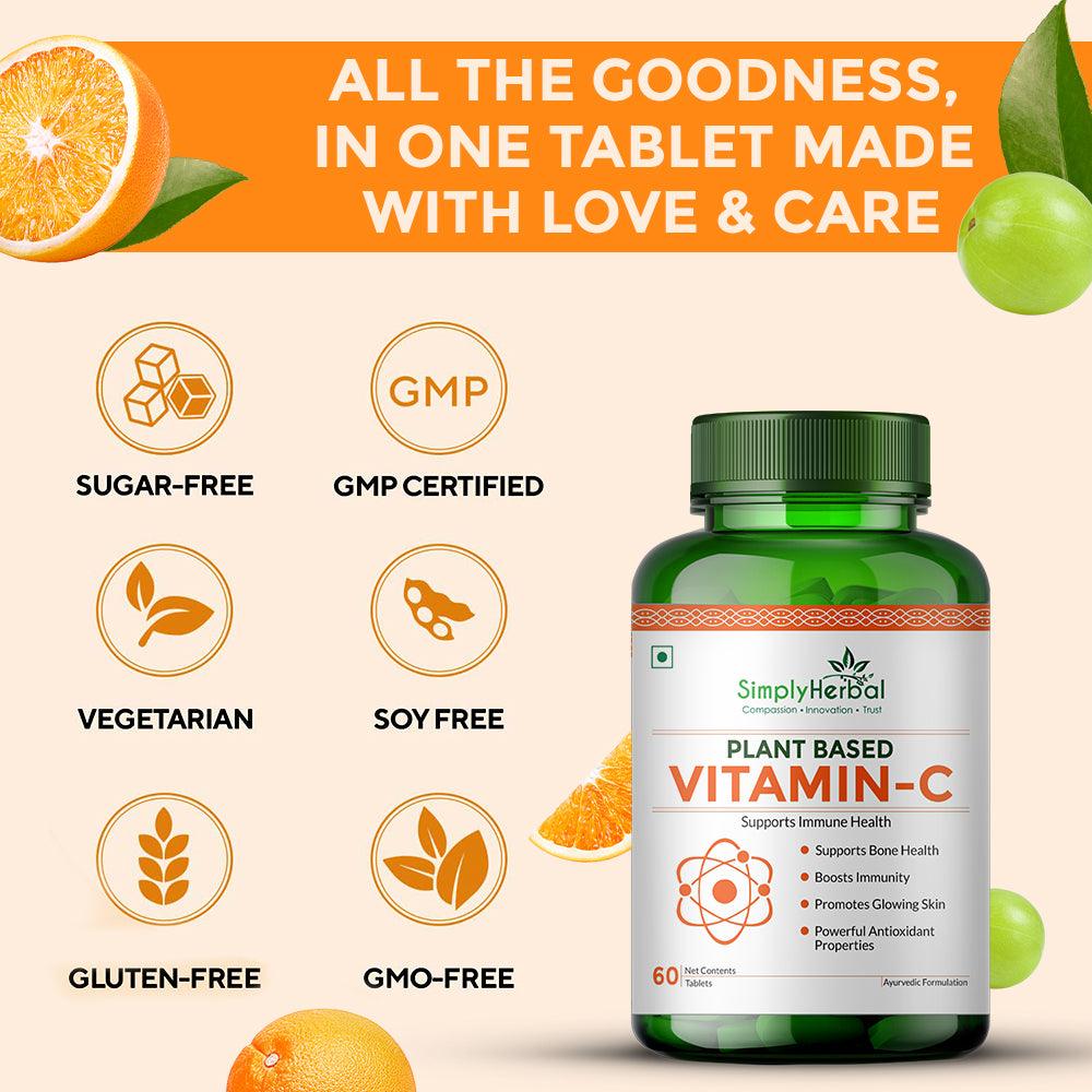 Simply Herbal Vitamin-C Tablet or Glowing Skin & Face, Ascorbic Acid, Amla Extract, Skin Glowing Supplement Promote Beauty & Health for Men & Women - 60 Tablets