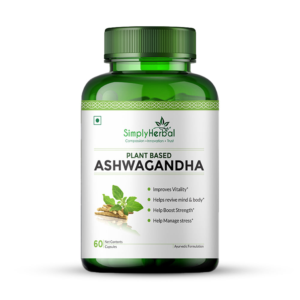 Simply Herbal Ashwagandha Capsule - 1000mg Ashwagandha Capsules for General Wellness, Improves Vitality, Manage Stress & Anxiety, Boost Energy & Strength, Rejuvenates Mind & Body - 60 Veg Capsules