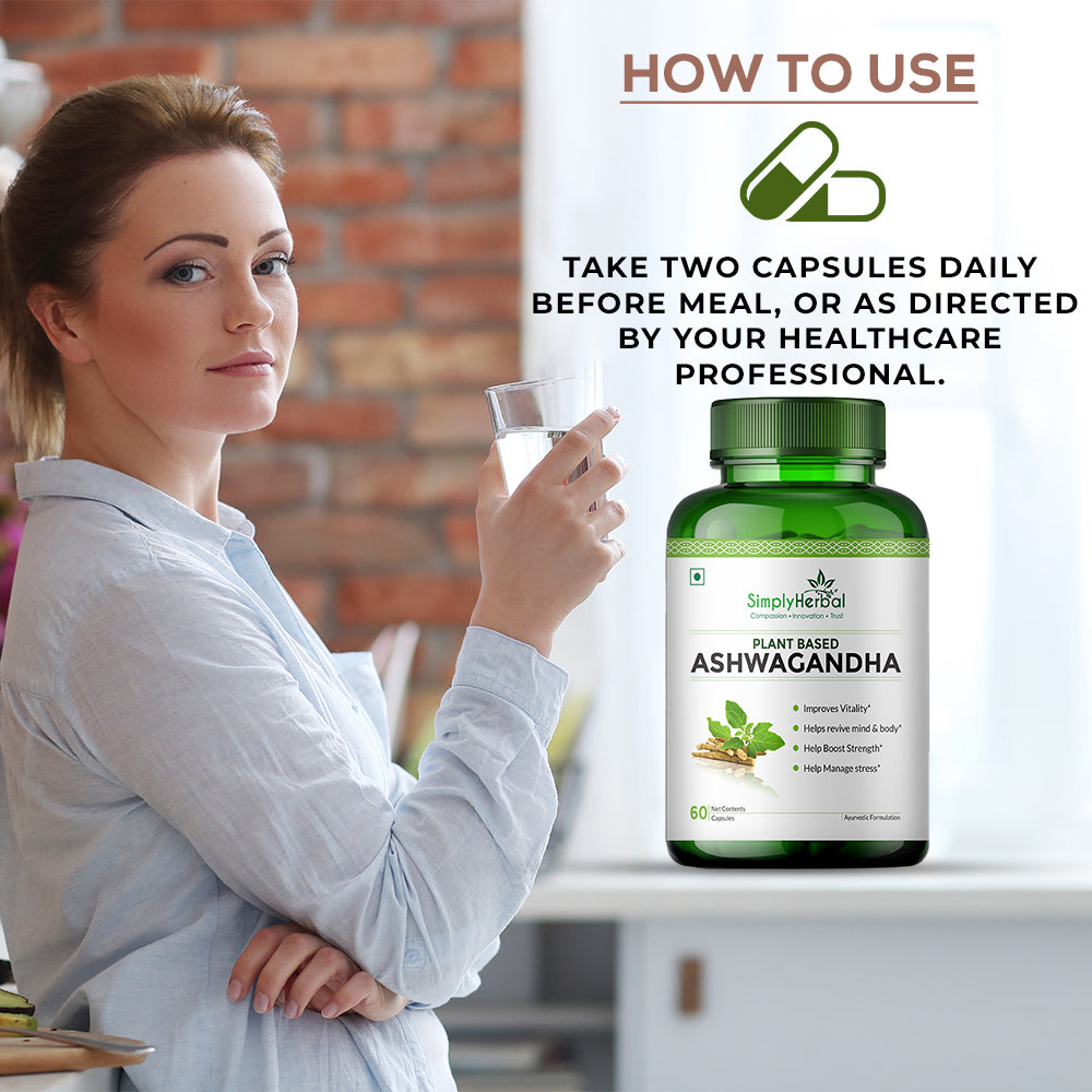 Simply Herbal Ashwagandha Capsule - 1000mg Ashwagandha Capsules for General Wellness, Improves Vitality, Manage Stress & Anxiety, Boost Energy & Strength, Rejuvenates Mind & Body - 60 Veg Capsules