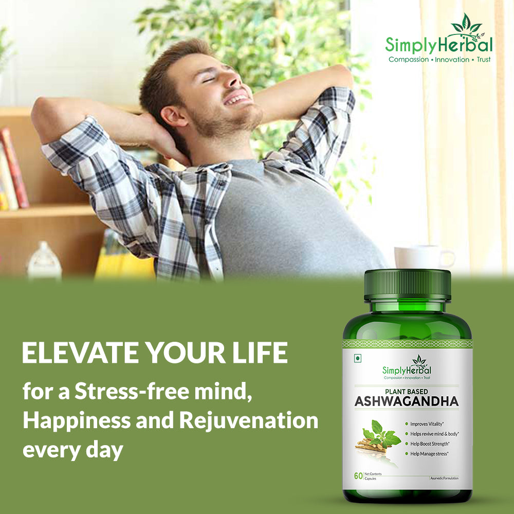 Simply Herbal Ashwagandha Capsule - 1000mg Ashwagandha Capsules for General Wellness, Improves Vitality, Manage Stress & Anxiety, Boost Energy & Strength, Rejuvenates Mind & Body - 60 Veg Capsules