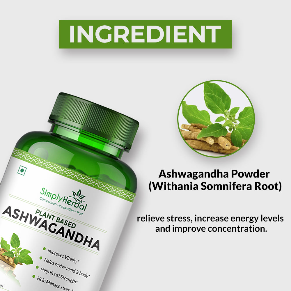 Simply Herbal Ashwagandha Capsule - 1000mg Ashwagandha Capsules for General Wellness, Improves Vitality, Manage Stress & Anxiety, Boost Energy & Strength, Rejuvenates Mind & Body - 60 Veg Capsules